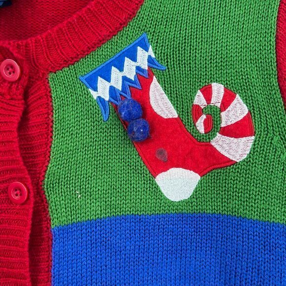 Ugly Christmas Sweater Cardigan Medium Gloria Vanderbilt snowmen, stocking Color - Picture 3 of 8